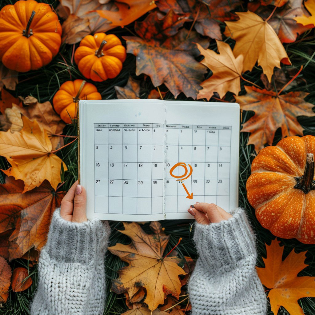 Browsing Calendar on Fall leaves & pumpkin