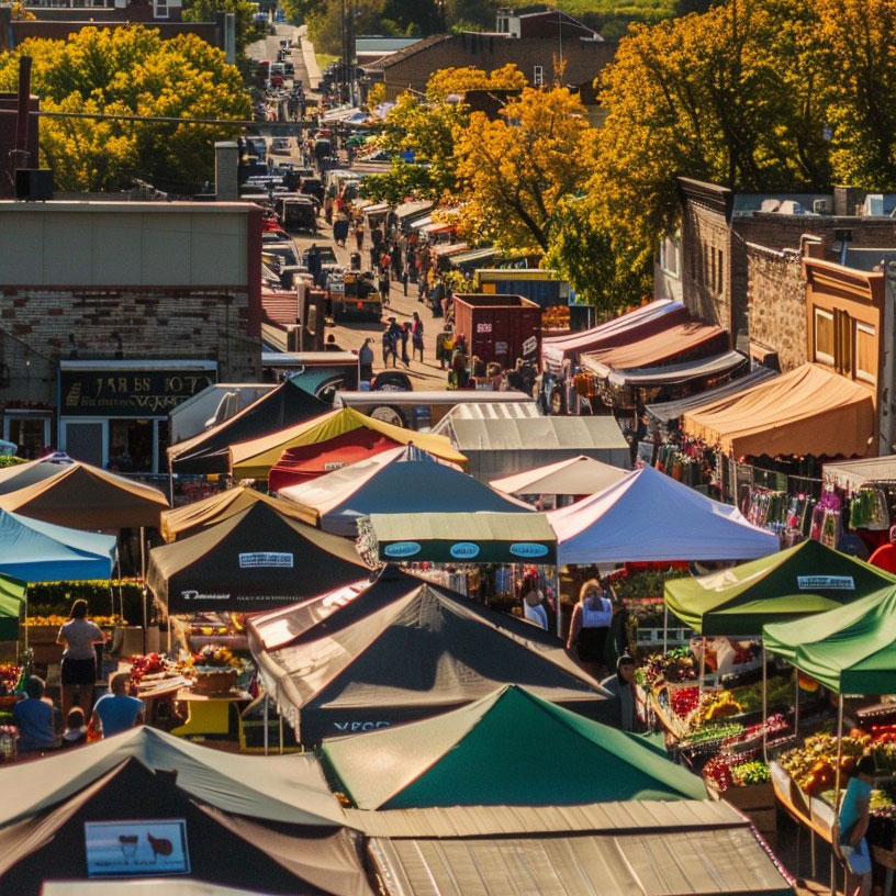 Festival with Vendor Tents and lots of people browsing overlooking a town