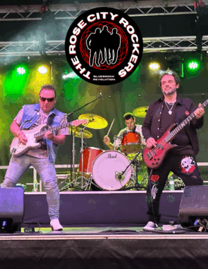 Rose City Rockers on stage with green and yellow backlighting and logo